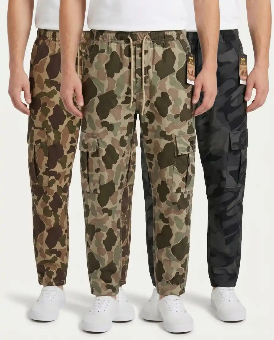 Abstract Coffee, Metallic Black & Granite Green Color Camo Cargo Trouser