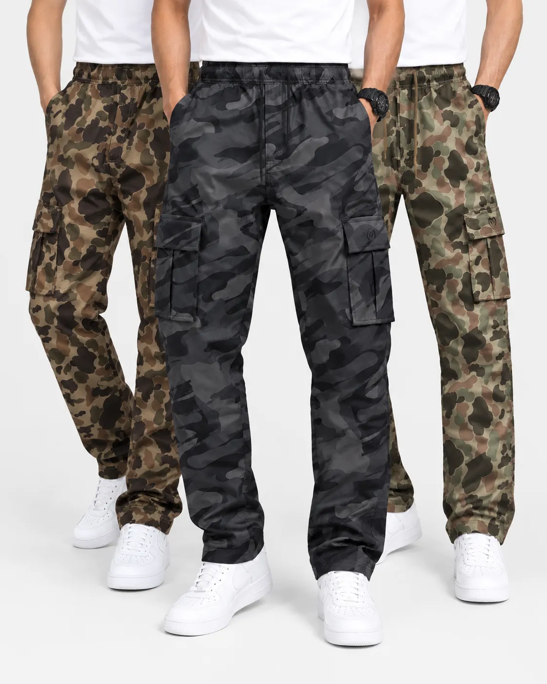 Abstract Coffee, Metallic Black & Granite Green Color Camo Cargo Pant