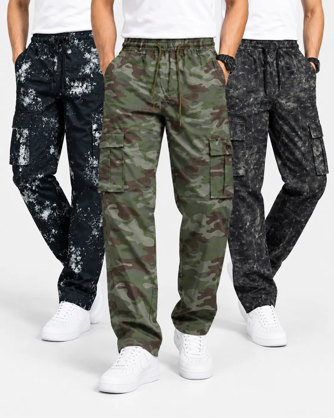 White, Camouflage Olive, Silent Black Color Camo Cargo pant
