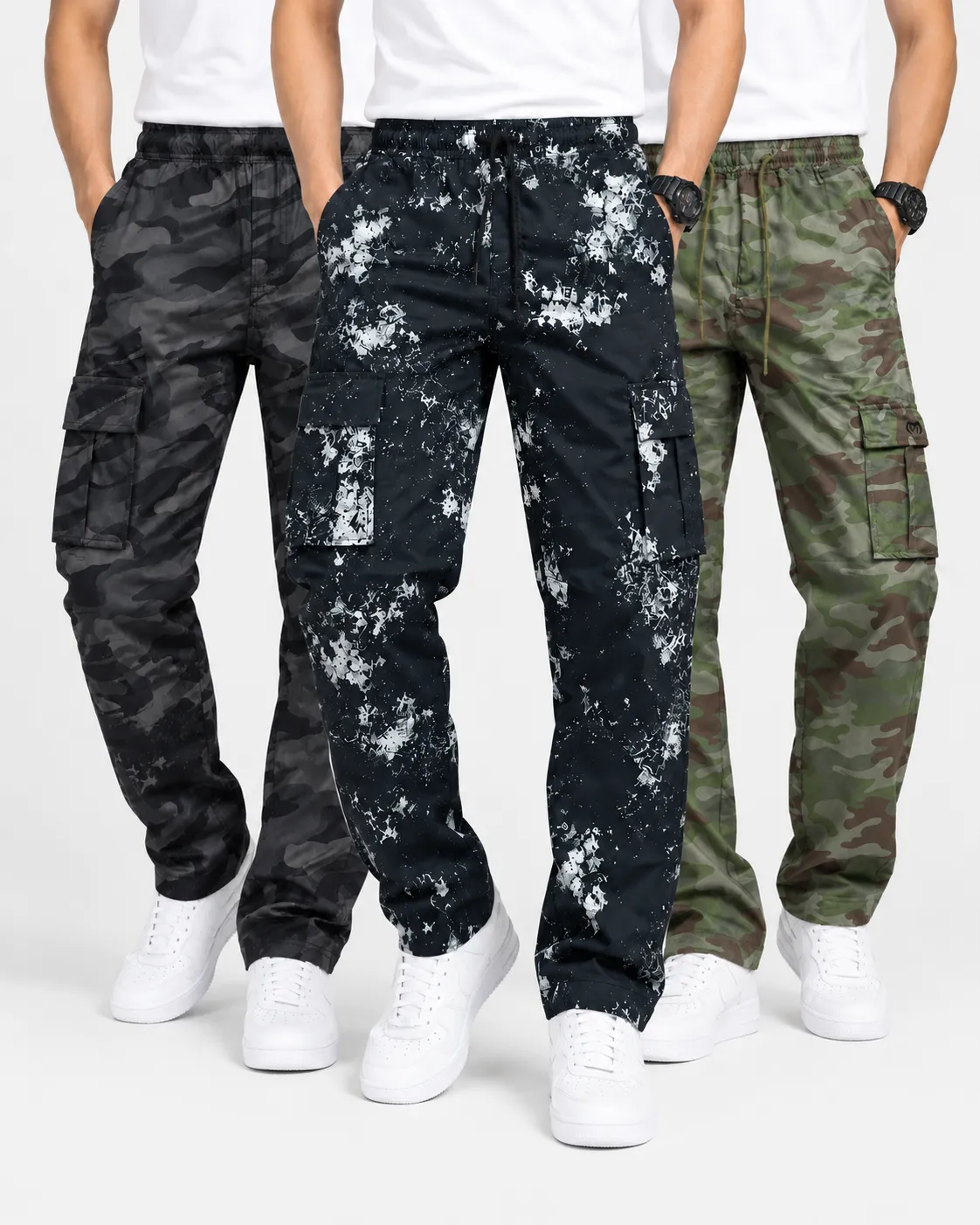 White, Black & Camouflage Olive Color Camo Cargo Pant