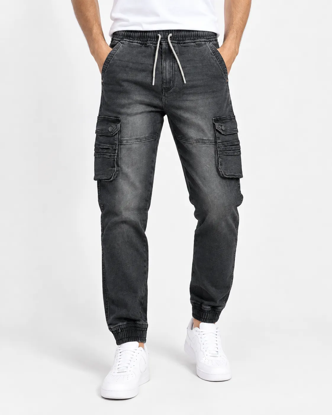 Shadowy Gray Color Denim Cargo Joggers