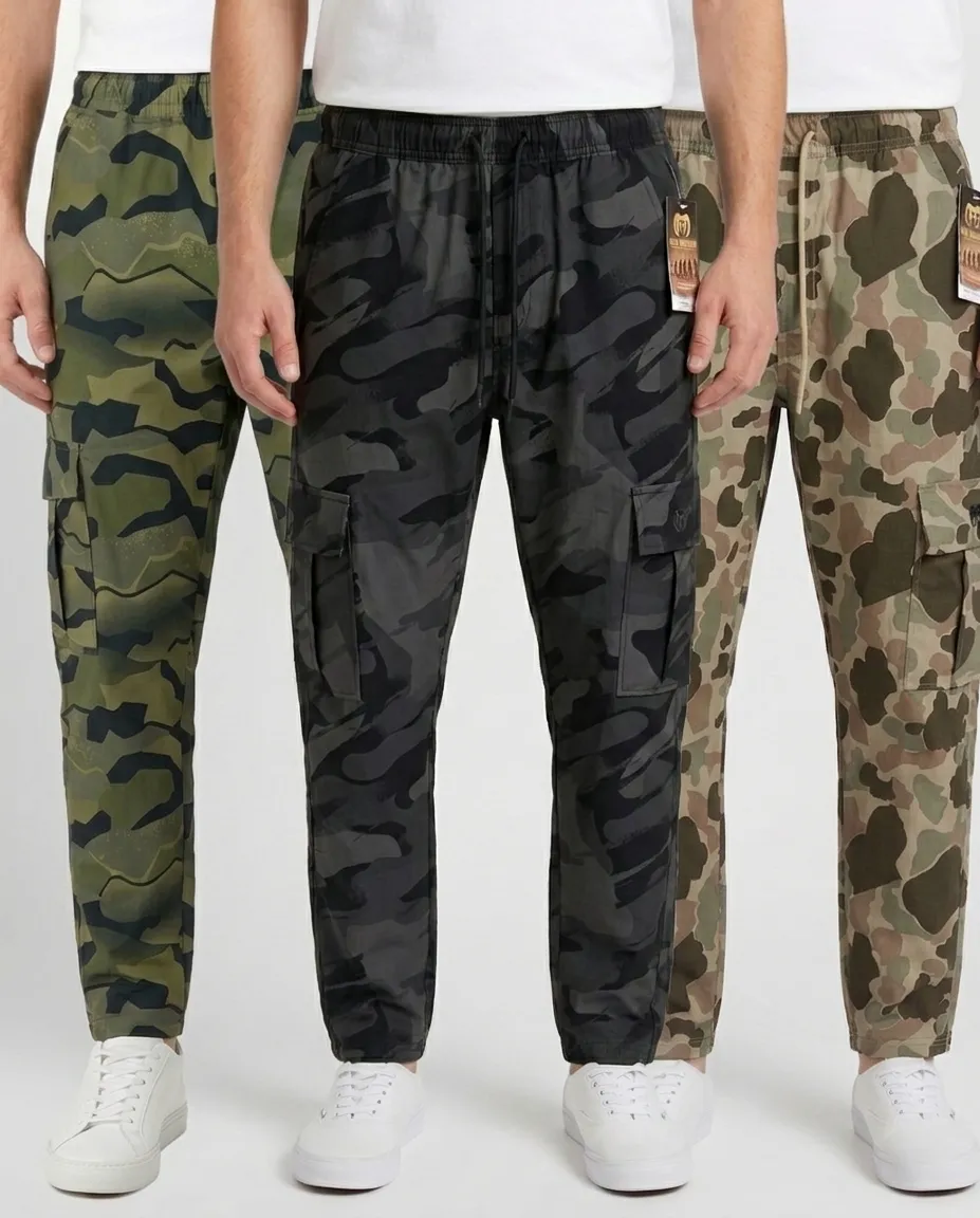 Granite Green, Metallic Black & Military Olive Color Camo Cargo Trouser